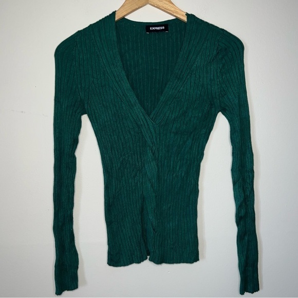 Express Shirt Y2K Green Ribbed Long Sleeved Deep V-neck Shirt Size Small - Picture 7 of 7